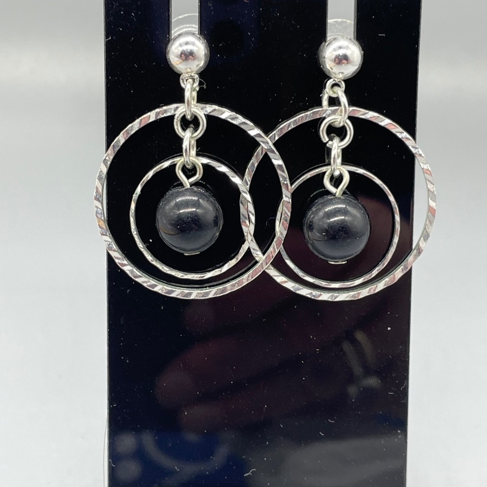 Silver Tone Double Hoop Dangle Earrings Black Bead Textured Geometric Drop Post